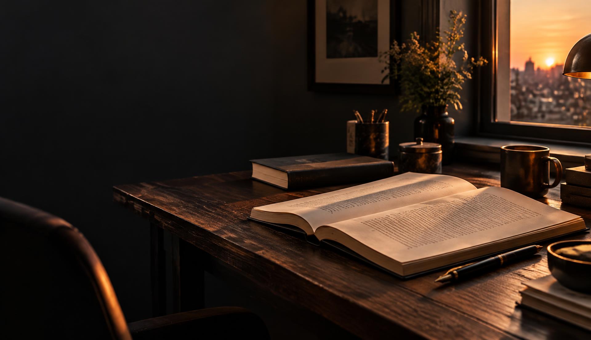 Mesa de escrita com manuscrito, livro e caneta ao entardecer